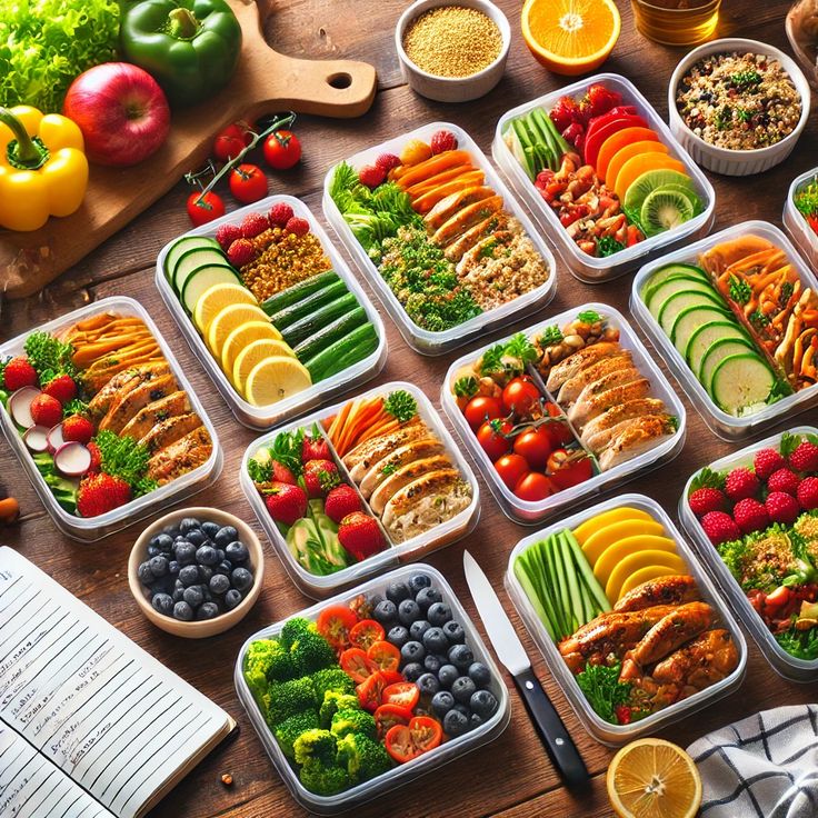 Organized weekly meal preparation layout with fresh vegetables and labeled containers on a kitchen counter