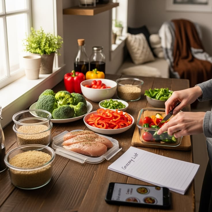 Display of seasonal ingredients arranged for weekly meal service planning including grains, legumes, and fresh produce