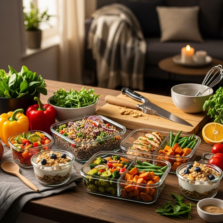 Balanced plate arrangement showing vegetables, whole grains, and protein portions on a dining table